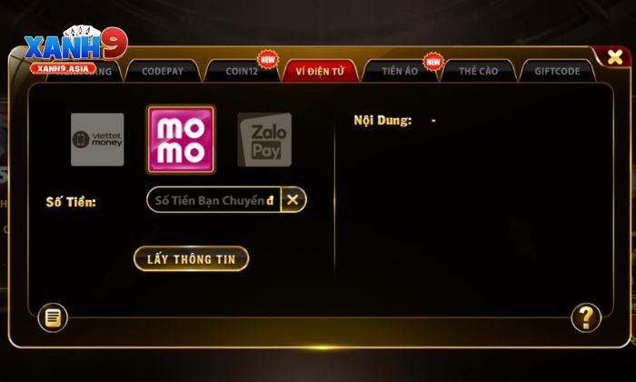 Nạp tiền Xanh9 Chuyển tiền vào cổng game bằng Ví điện tử đảm bảo an toàn