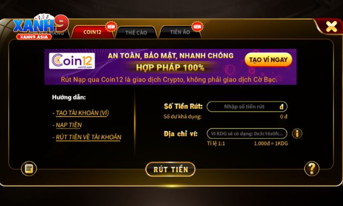 Rút tiền Xanh9 Rút tiền Coin12 tiện ích tại Xanh9